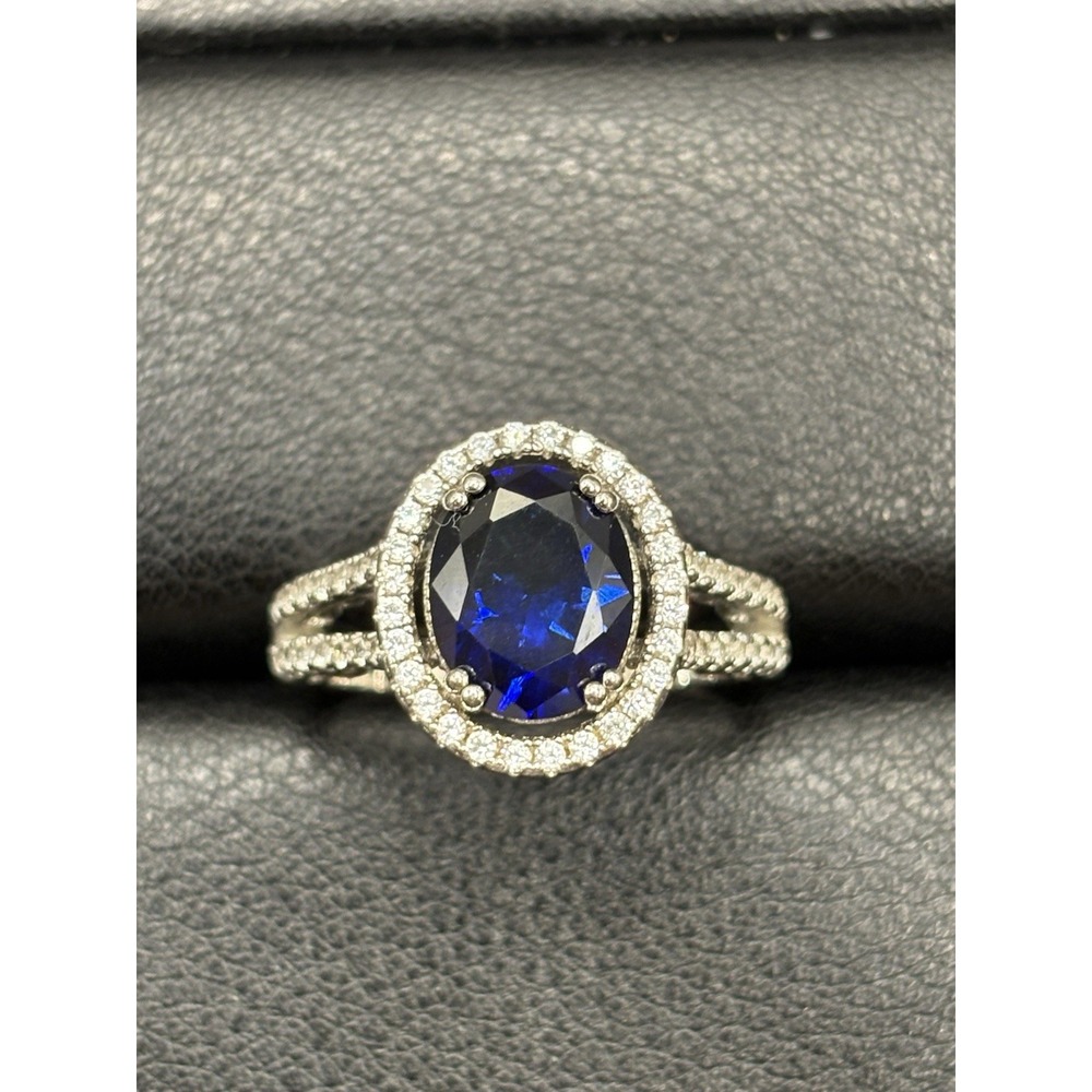 EUC Sterling Silver Lab Sapphire White Sapphire Ring 5.5 Grams Size 7.25 E13